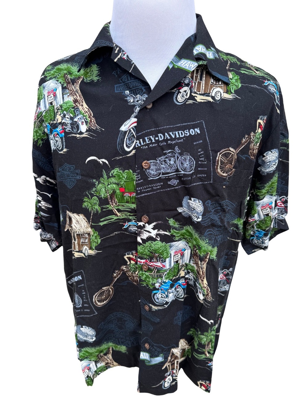 Harley-Davidson Black Hawaiian Motorcycle Print Camp Shirt
